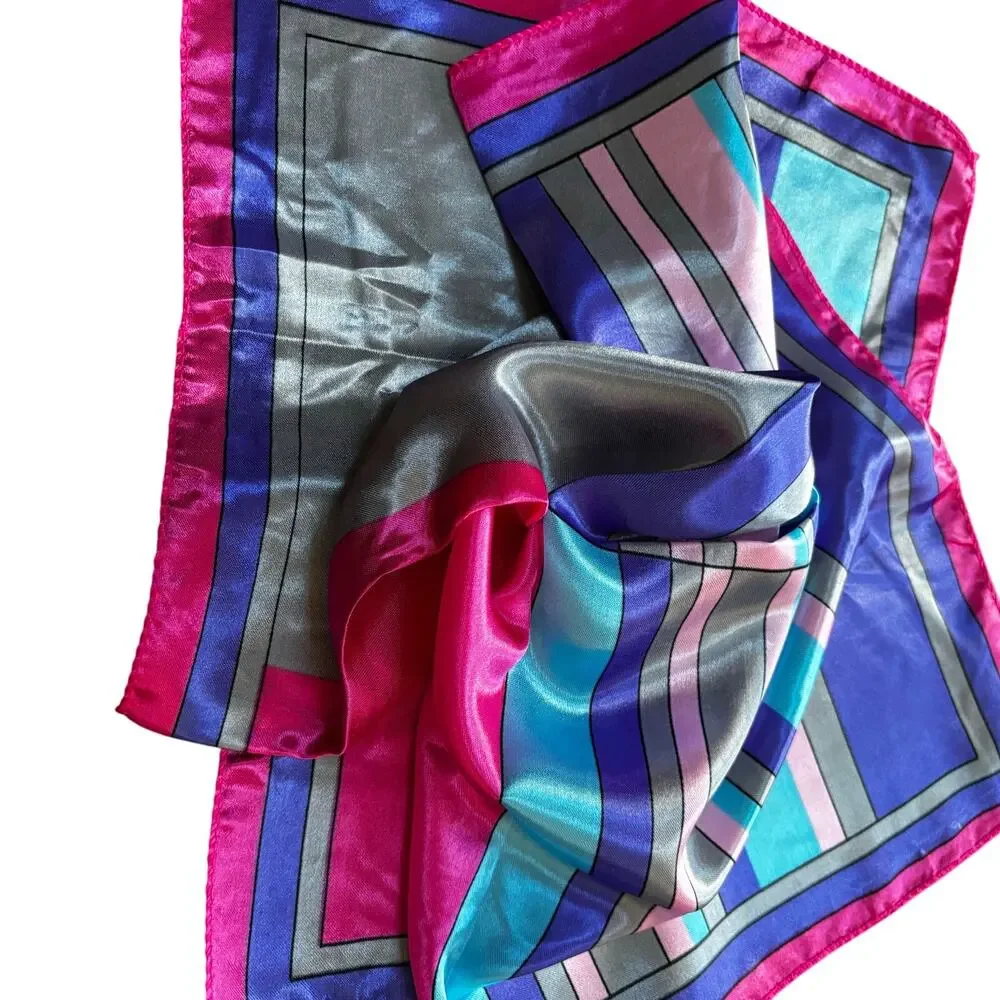Silky feel satin square neckerchief scarf pink blues gray geometric 20” square